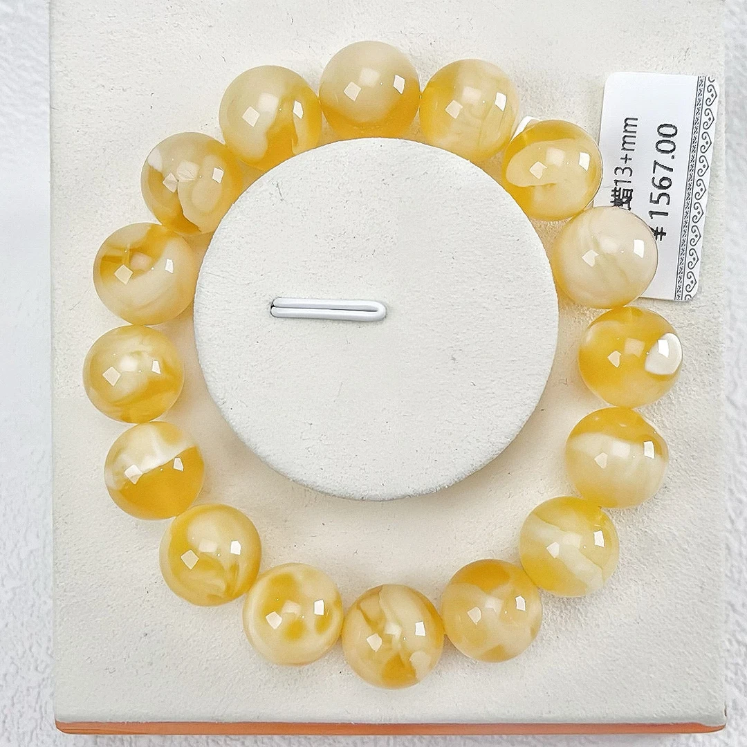 （金白13+mm）天然蜜蜡13+mm金白聚宝盆妖花溶洞俄料手串单圈素圈