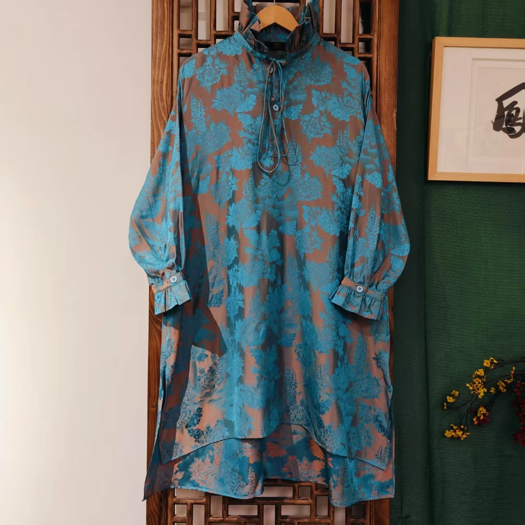 （SY5316）凤徕兮私人定制蓝底银色暗纹花边领中长设计款衬衫