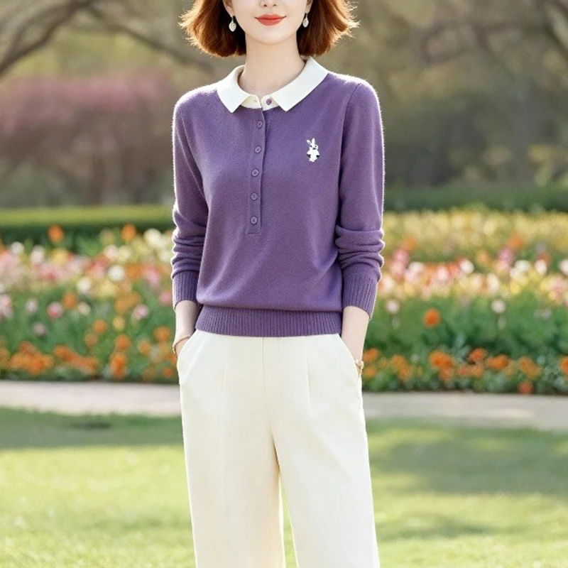 娃娃领针织打底衫女秋装新款时尚洋气内搭翻领上衣妈妈毛衣
