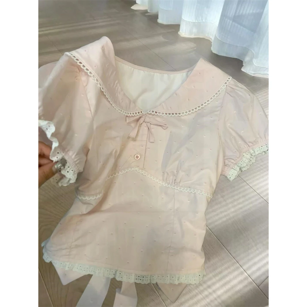 韩系别致绝美后背绑带娃娃领短袖t恤女夏季气质时尚收腰短款上衣