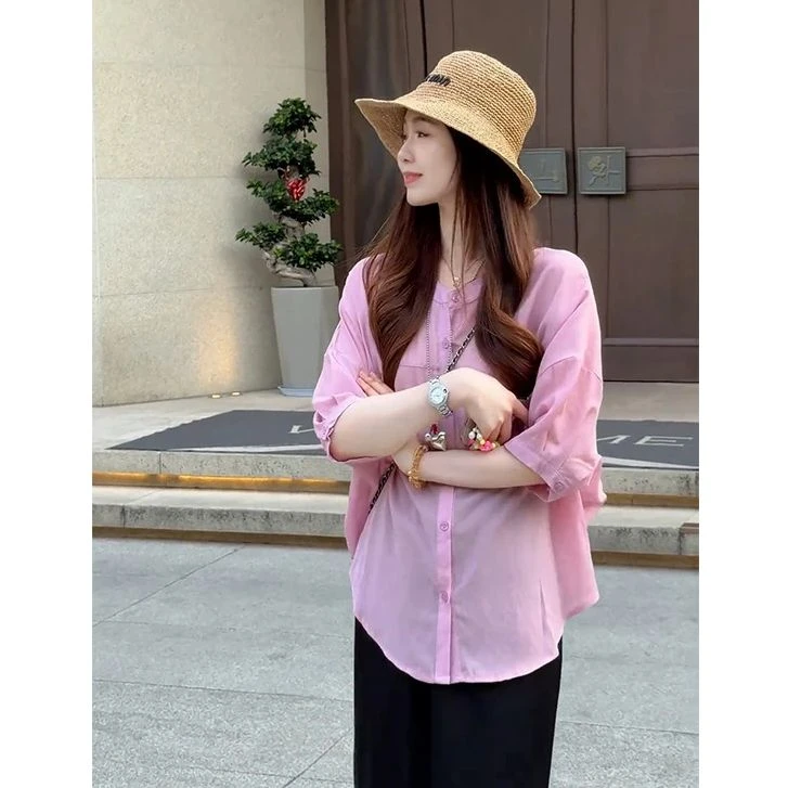 减龄纯色轻薄宽松衬衫上衣显瘦高腰半身裙套装一整套ootd穿搭