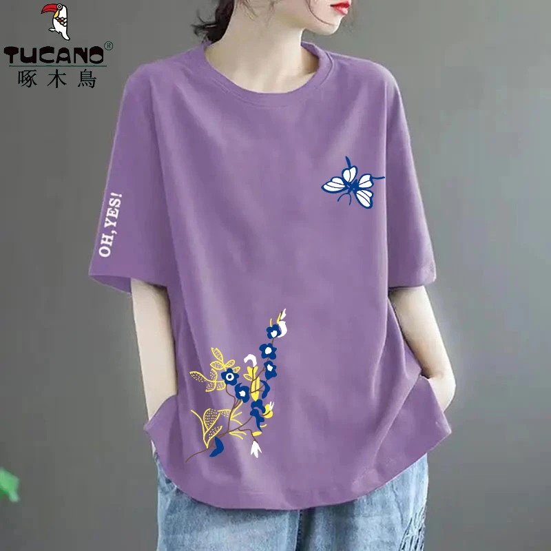 啄木鸟纯棉夏季新款时尚印花洋气撞色T恤中年宽松百搭短袖上衣潮