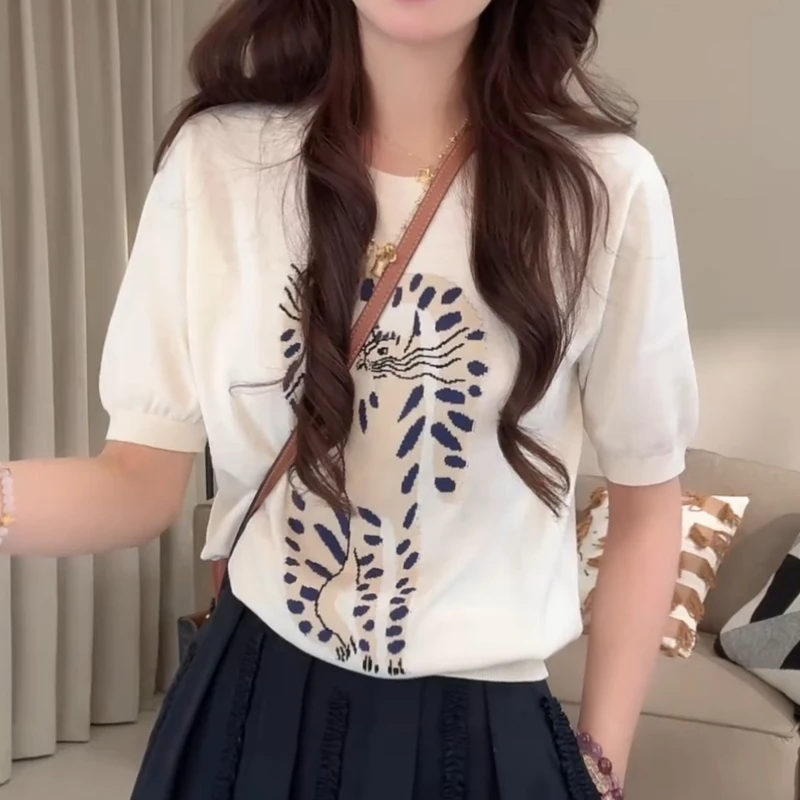 夏季休闲“孟加拉豹猫”重工提花圆领针织衫短袖上衣LK2504667