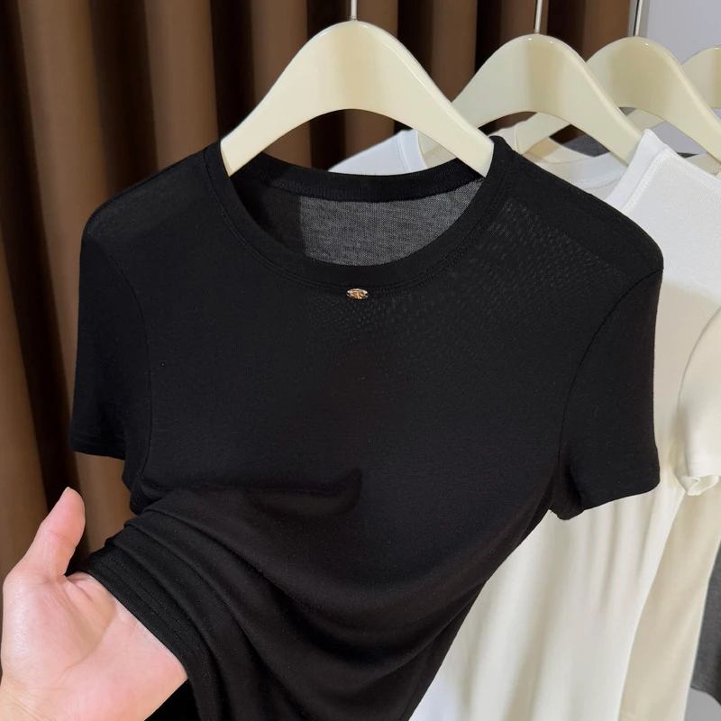 黑色短款t恤短袖薄款针织2025夏季新款休闲超弹显瘦打底衫t恤上衣