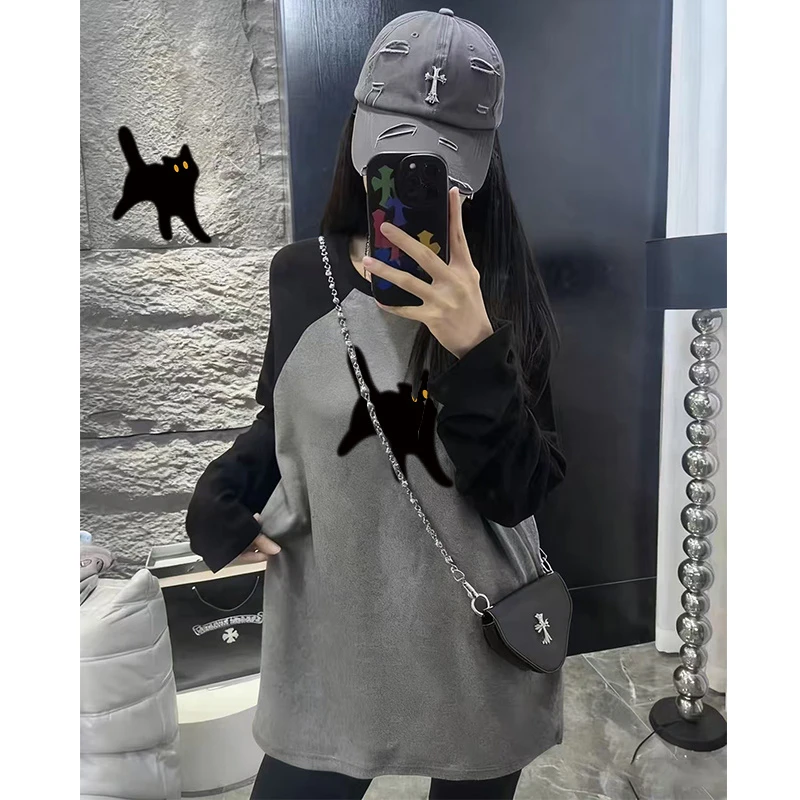 2025新款撞色磨毛长袖t恤女中长款宽松拼色上衣加厚打底衫秋冬季