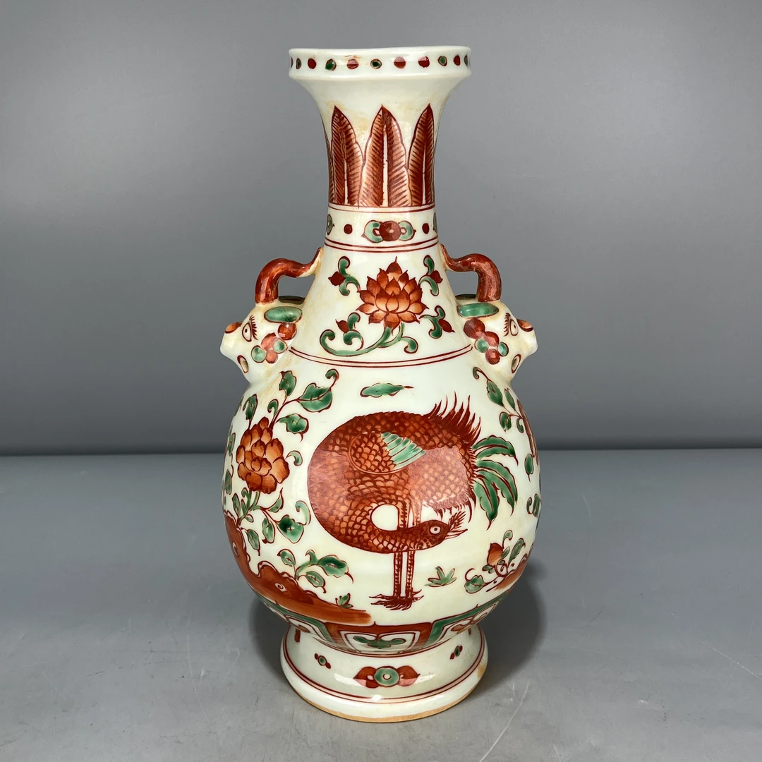 当代仿制 仿古大明宣德年制五彩花鸟孔雀纹兽耳瓶