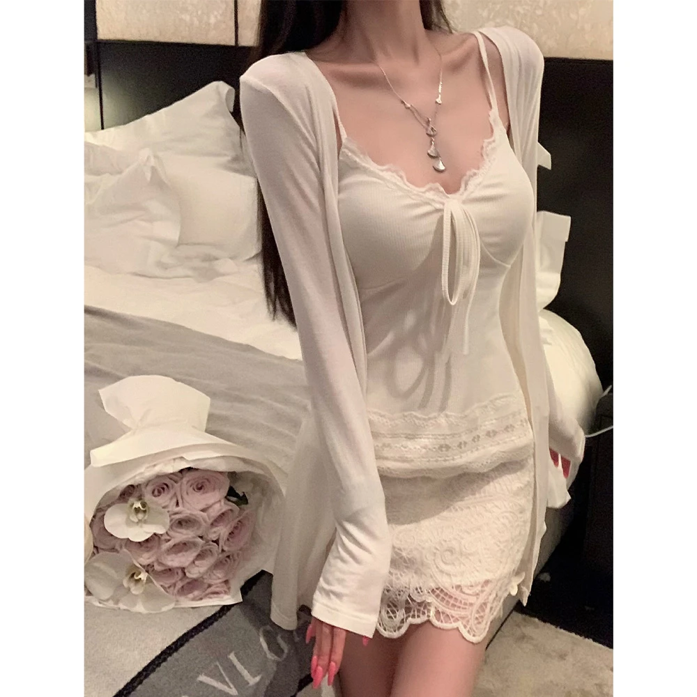 纯欲气质蕾丝花边收腰百搭内搭吊带套装女21722#