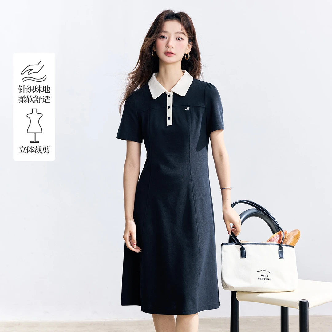 【年终狂欢购】茵曼夏季学院风撞色polo领连衣裙减龄收腰显瘦T恤裙