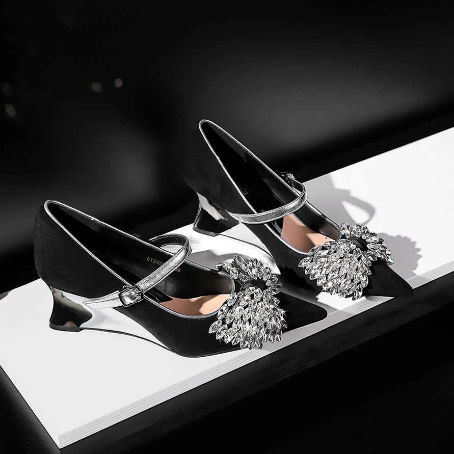 6CM宴会水钻高跟坡跟鞋女绒面一字带闪耀蝴蝶结时尚气质单鞋女