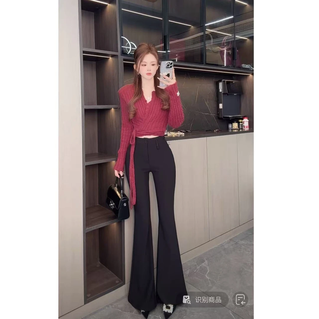 曼曼【魔力腿子】加绒修身显瘦高腰紧身喇叭裤~无腰带66699#