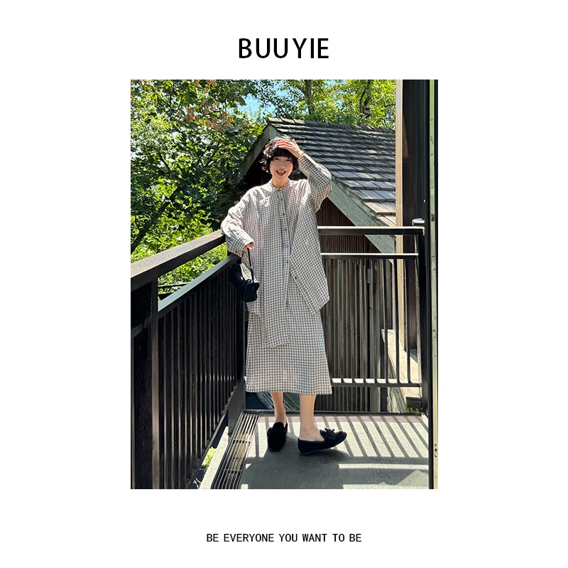 BUUYIE 25SS【稊年】简约风慵懒设计蓝灰格上衣+半裙套装 250837