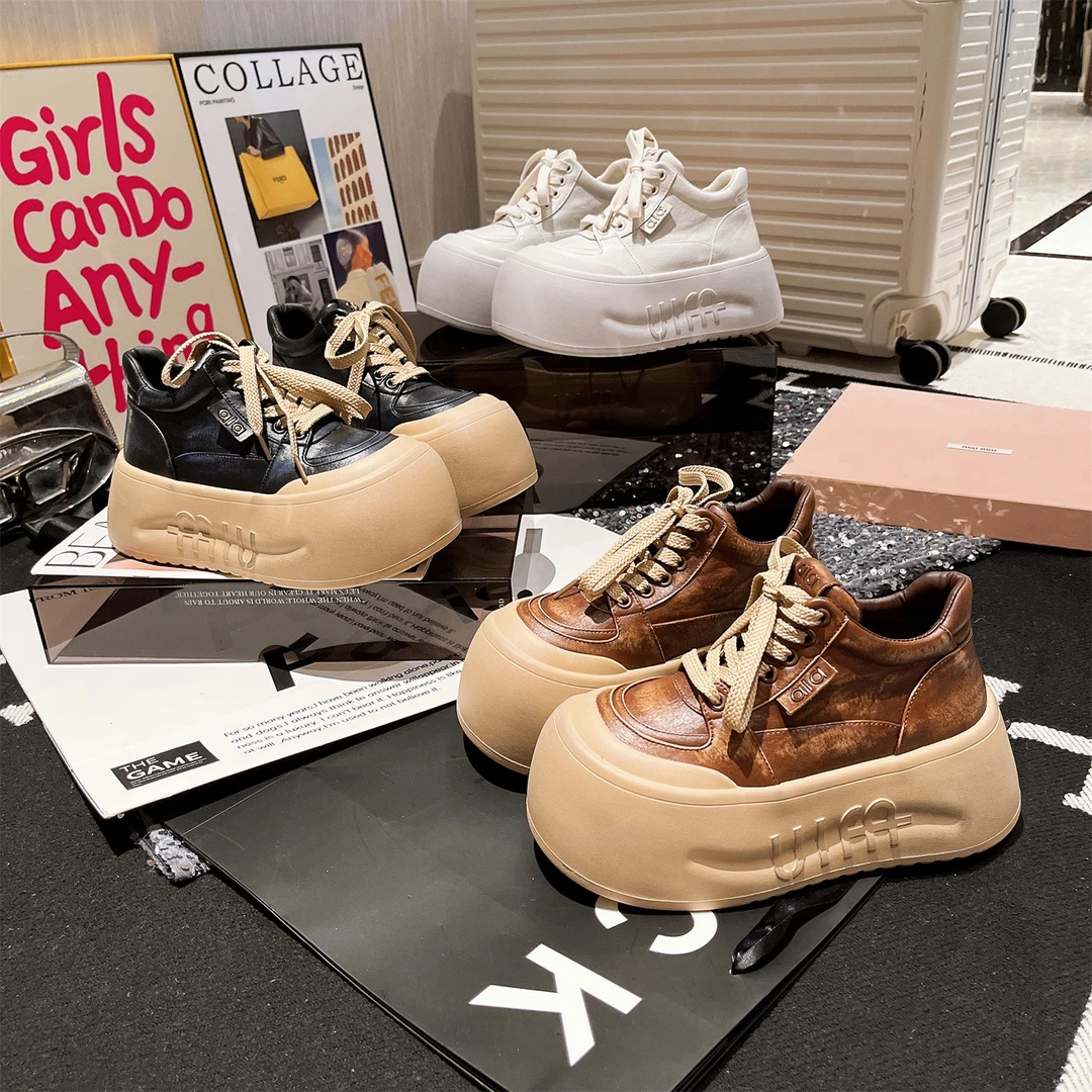 【五~大头四季款高帮】面包鞋女2025年新款厚底系带小白鞋百搭休闲