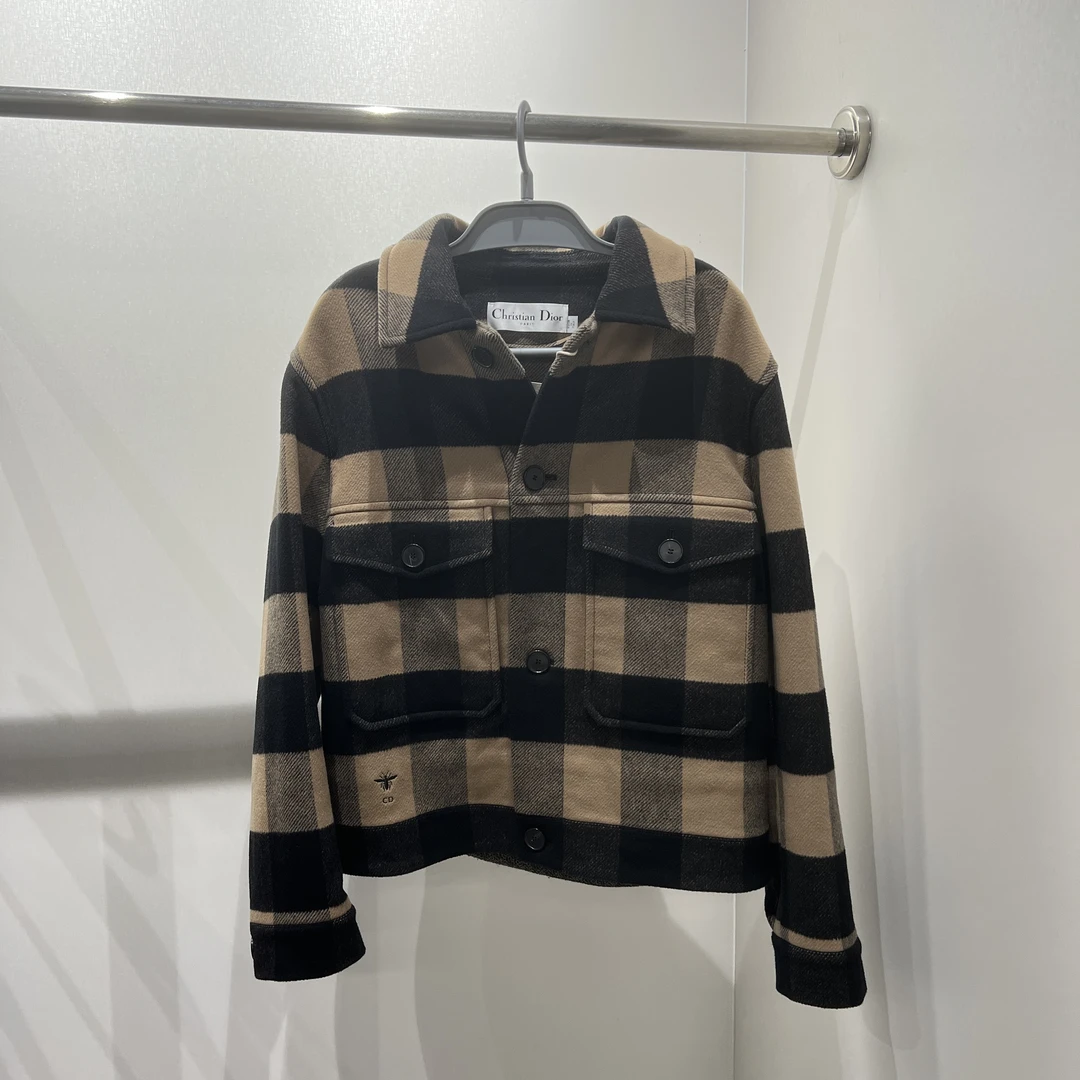 99新 DIOR/迪奥 bk313/棕色棋盘格小蜜蜂羊毛夹克外套 羊毛 36码