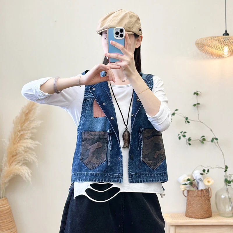 696蓝#2024春季文艺复古牛仔马夹坎肩百搭背心贴布撞色牛仔马甲