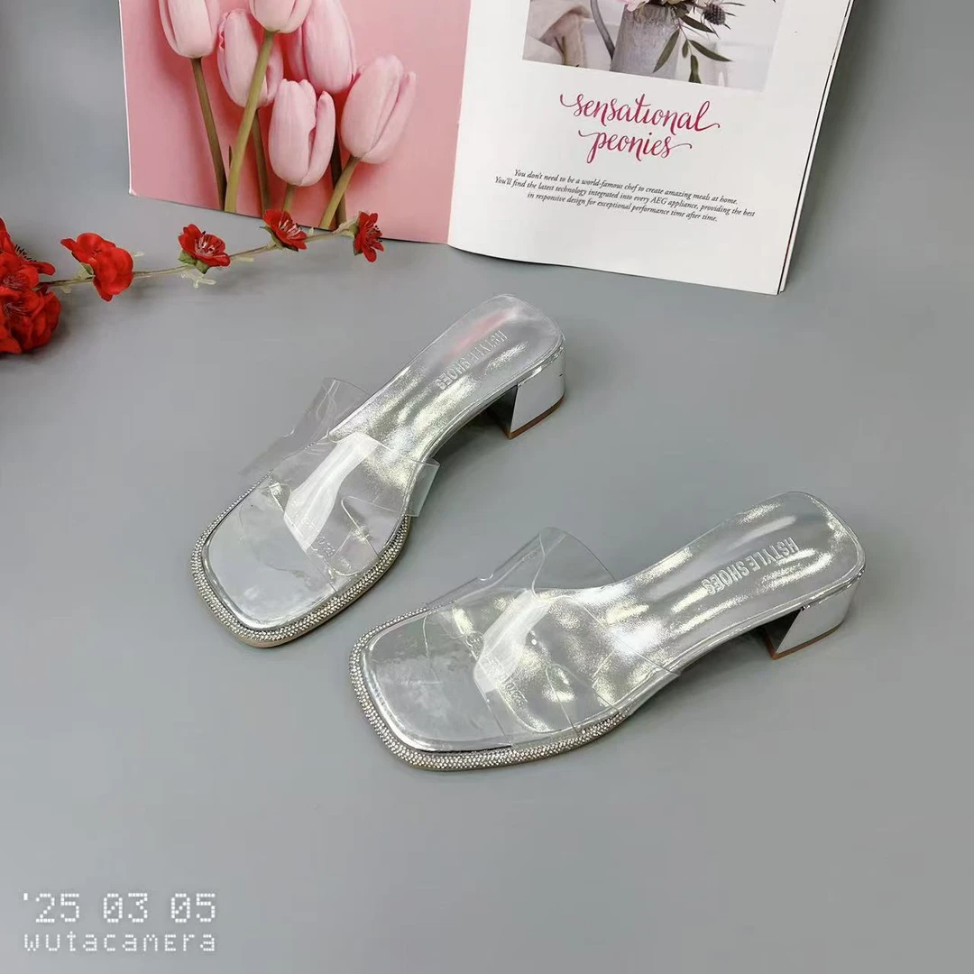 37010 夏季新款百搭时尚法式韩版粗跟方头气质拖鞋