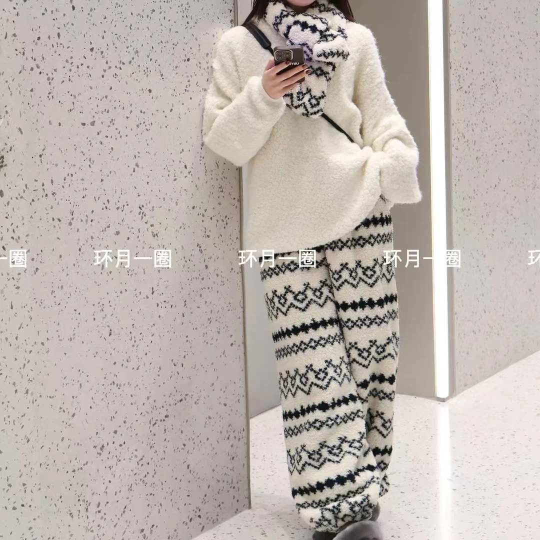 【加厚】裤子-保暖韩系连帽米粒绒大码家居服外出条纹裤子