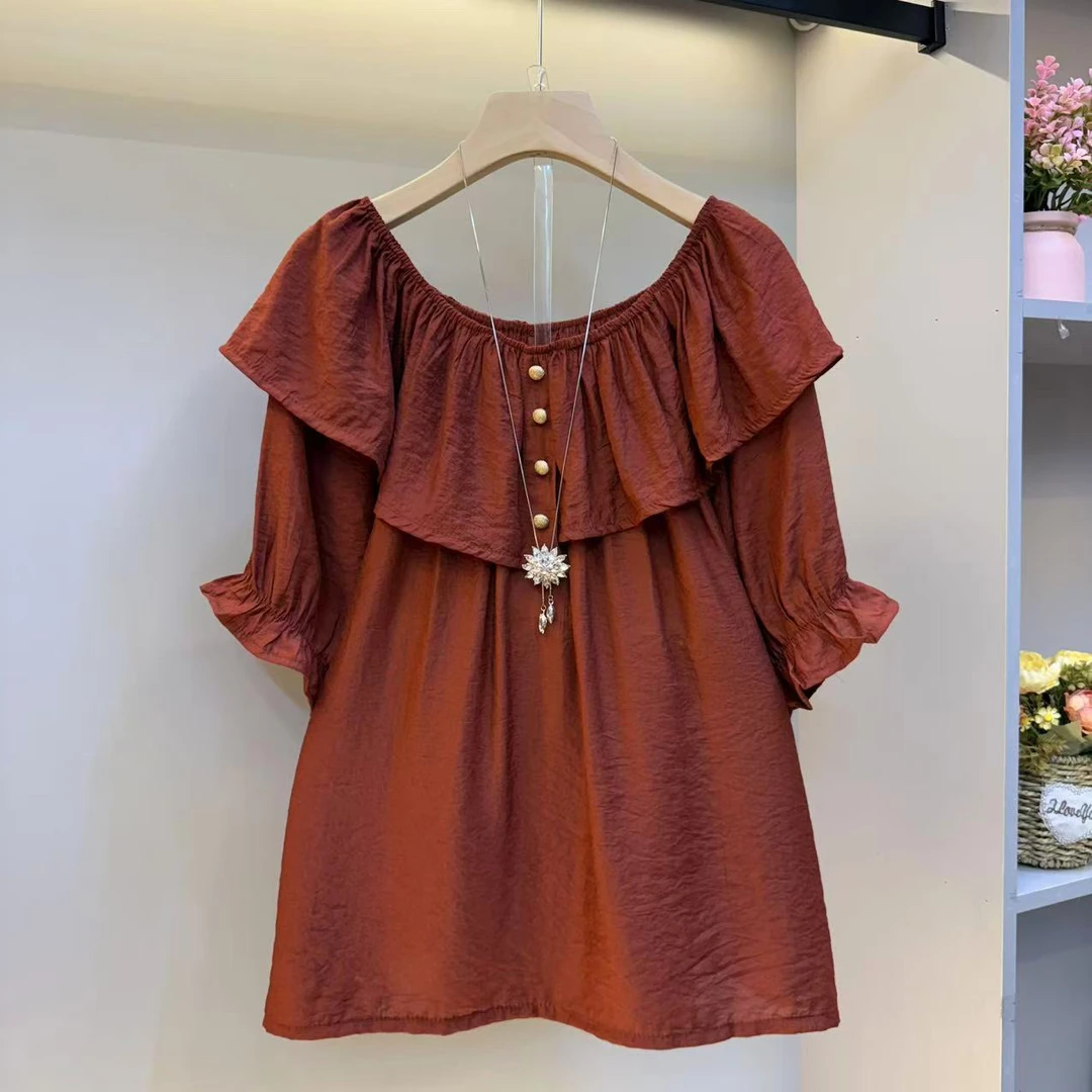 欧货2025大码女装夏荷叶领减龄气质短袖百搭时尚女人衫