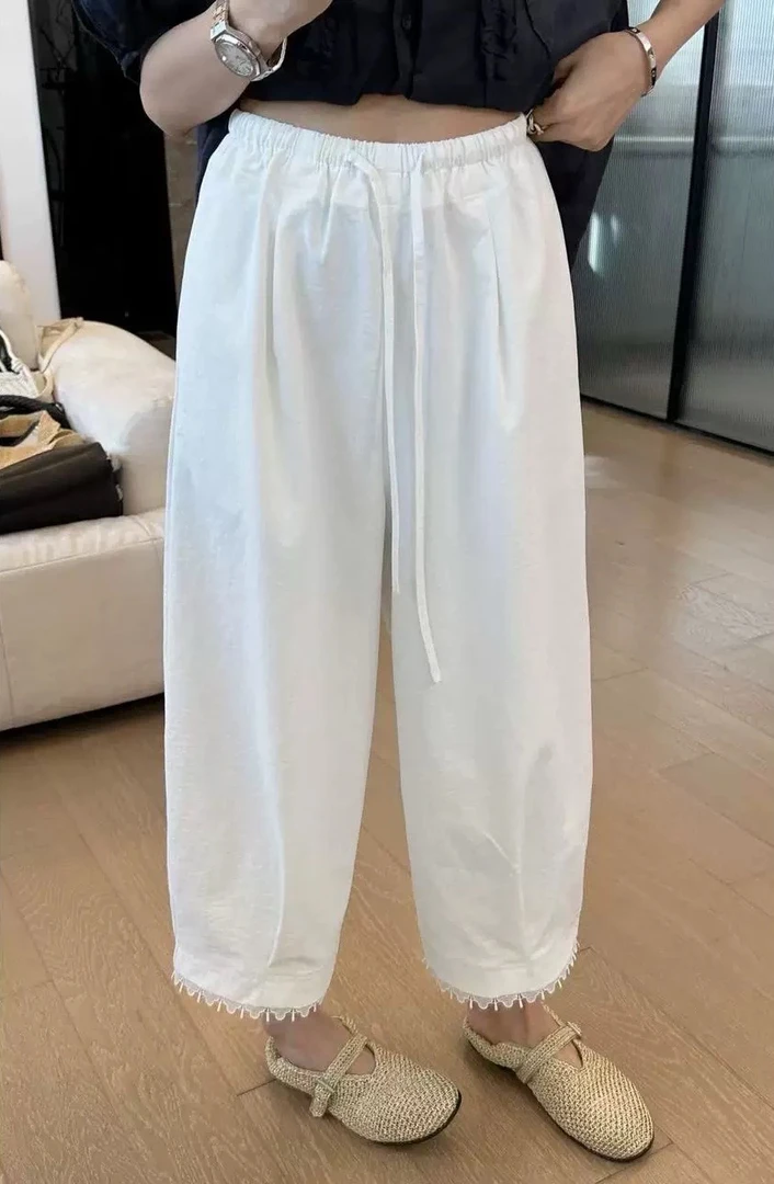 夏季新款蕾丝花边高腰九分阔腿显瘦女士休闲裤