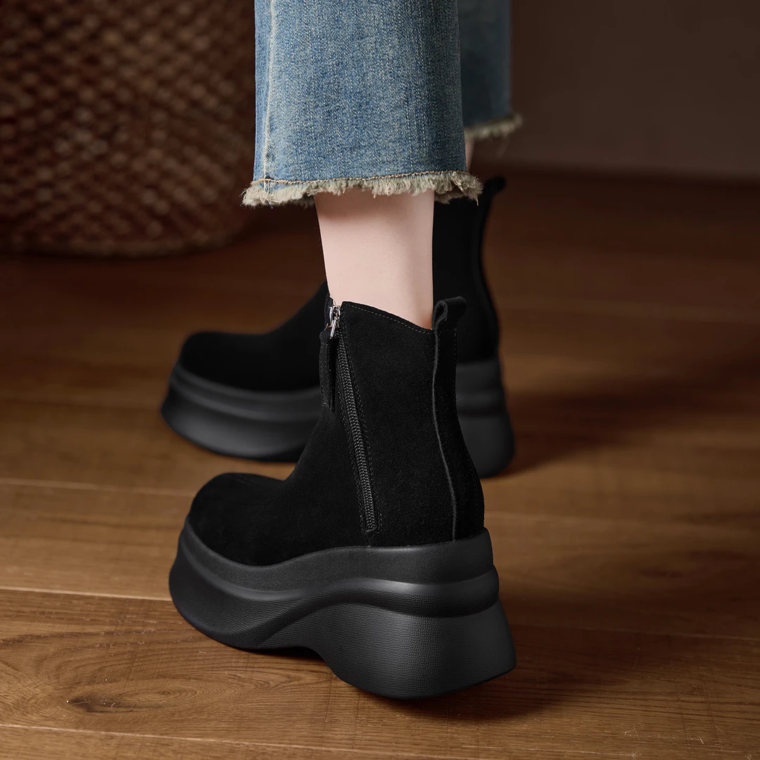 靴子+牛翻皮小个子久穿不累脚厚底坡跟短靴防水台高跟马丁靴真皮