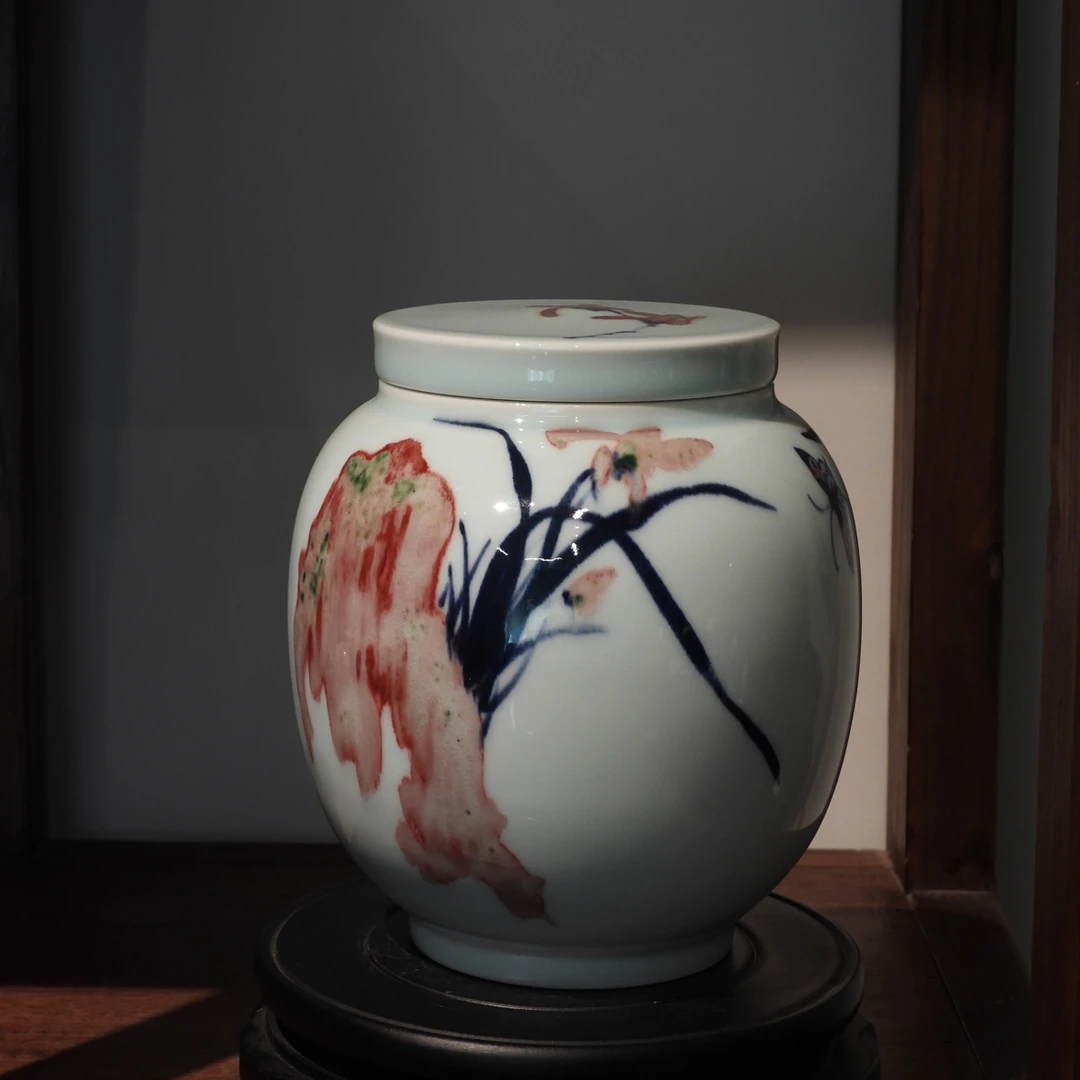 易炎窑原创手工手绘气窑高温原矿青花釉里红醒茶罐色差放漏1斤装