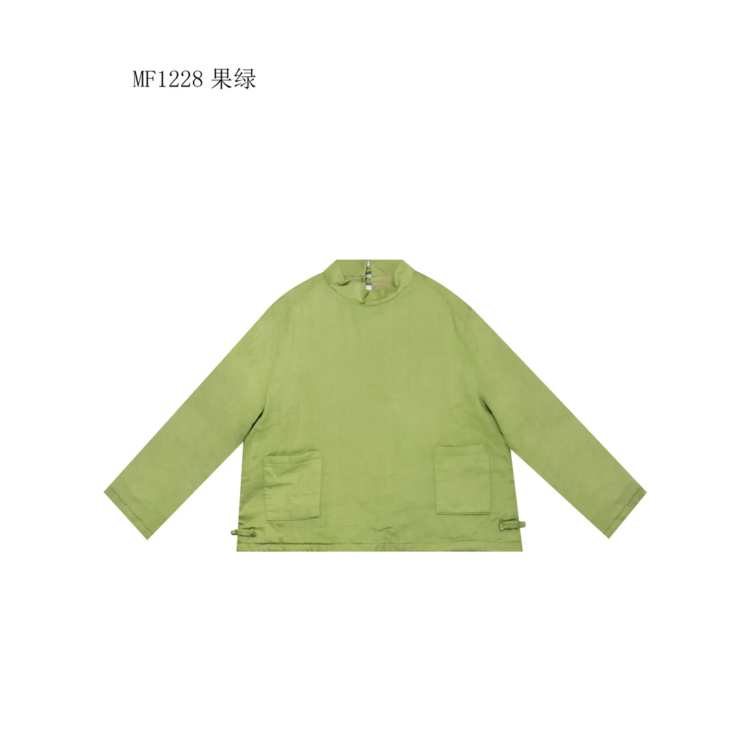 【麻訪家】MF1228果绿文艺复古新中式盘扣保暖套头棉服上衣