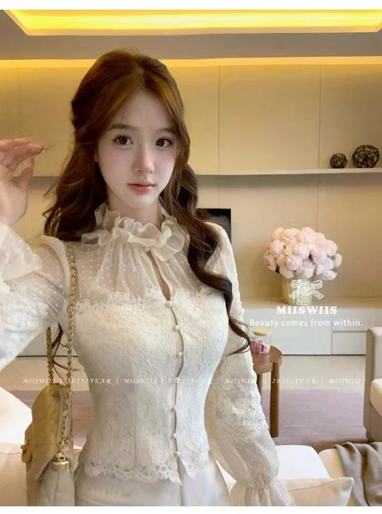 蕾丝复古波点拼接娃娃领蕾丝衫小衫洋气衬衣上衣衬衫显瘦气质长袖