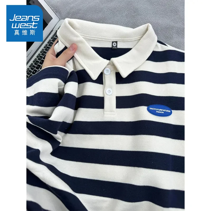 真维斯条纹POLO衫短袖男士夏季新款美式翻领宽松休闲百搭T恤上衣