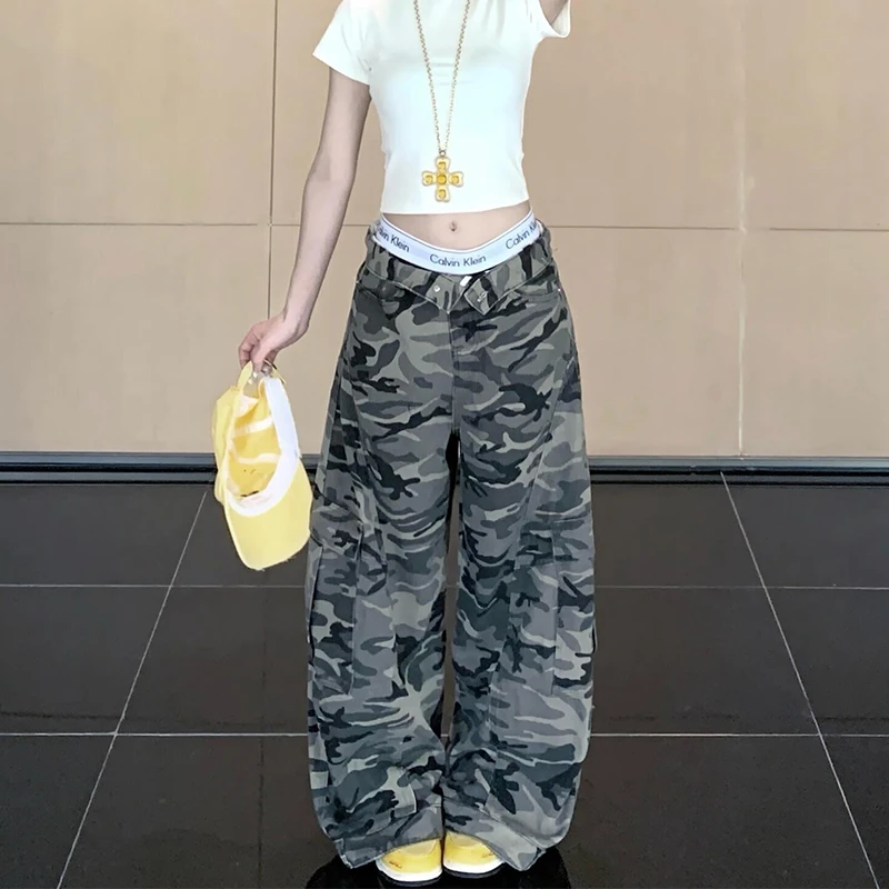 嘻哈风高个子设计感牛仔裤女秋季新款迷彩工装显瘦百搭垂感阔腿裤