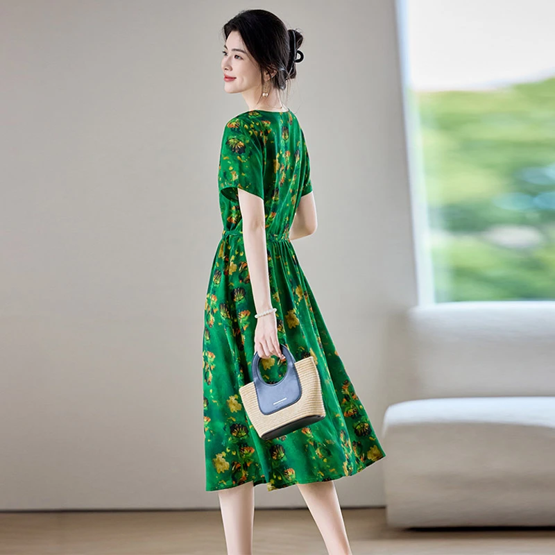 真丝连衣裙女2025夏季新款收腰显瘦洋气减龄气质高端桑蚕丝长裙子