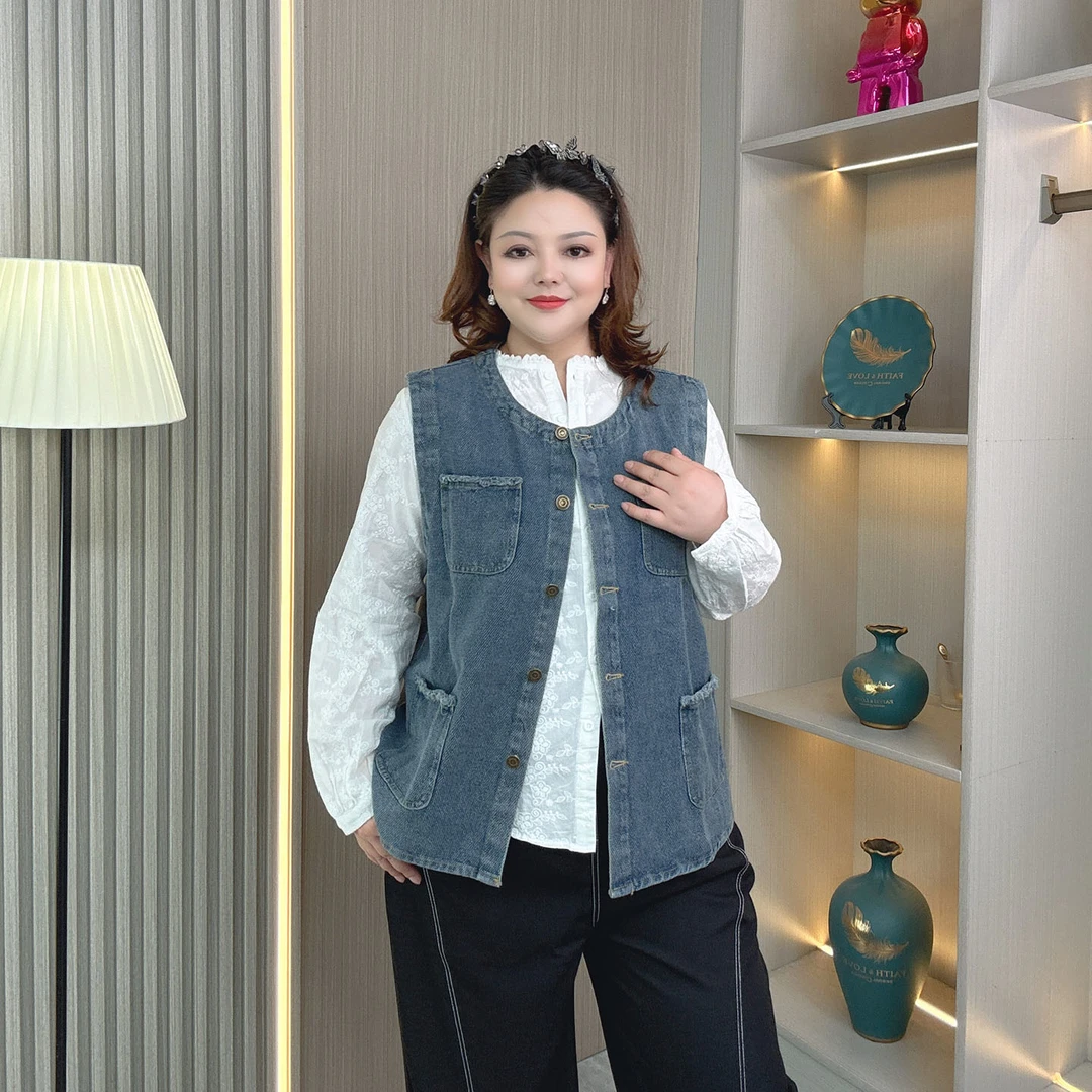 大码女装春秋新款复古时髦圆领牛仔马甲200斤胖mm百搭坎肩上衣潮