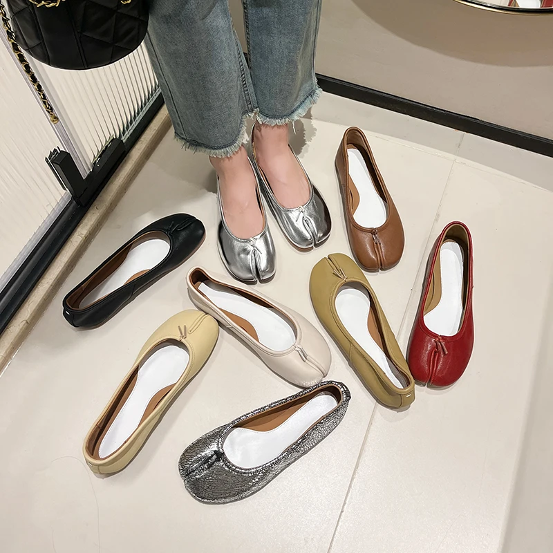 真皮单鞋平底鞋女软面茄子软底平跟平底圆头浅口一脚蹬分趾猪蹄鞋