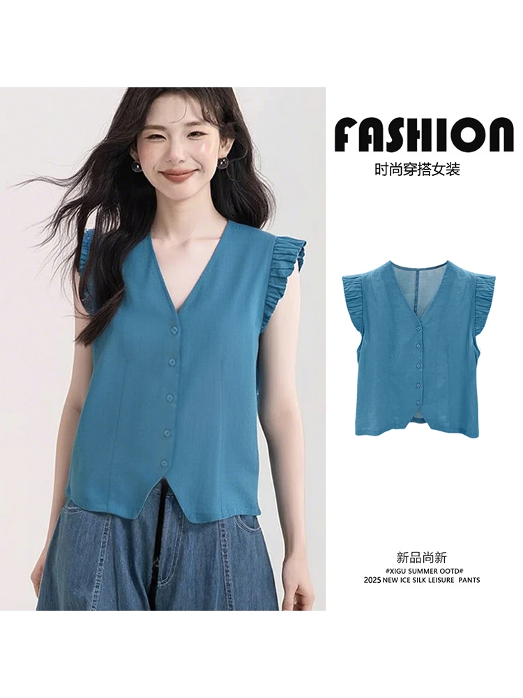 欧货高端上衣飞飞袖衬衫夏2025新款设计网红百搭洋气小衫无袖上衣