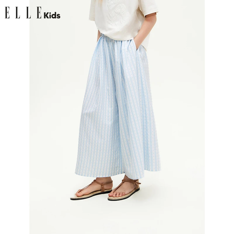 ELLE KIDS 法式条纹阔腿裙裤女童夏季新款度假风九分裙形裤子A2