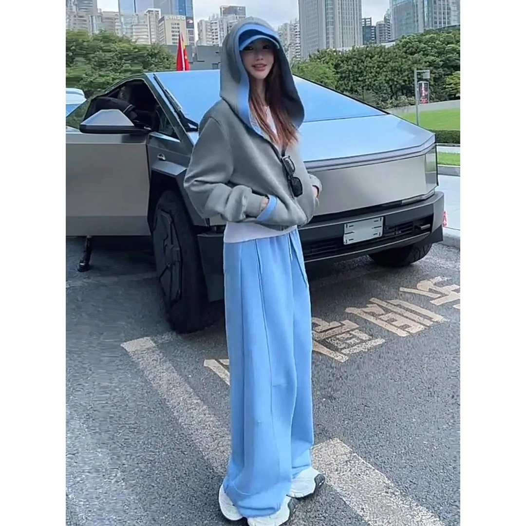 高级感巨好看欧货蓝色休闲运动套装女春秋时尚洋气慵懒卫衣两件套