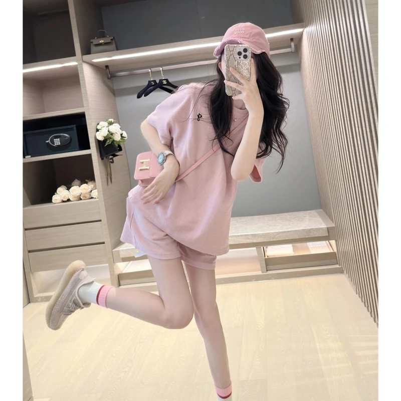 网红减龄夏季运动短袖粉色套装女2025新款爆款洋气短裤两件套薄款