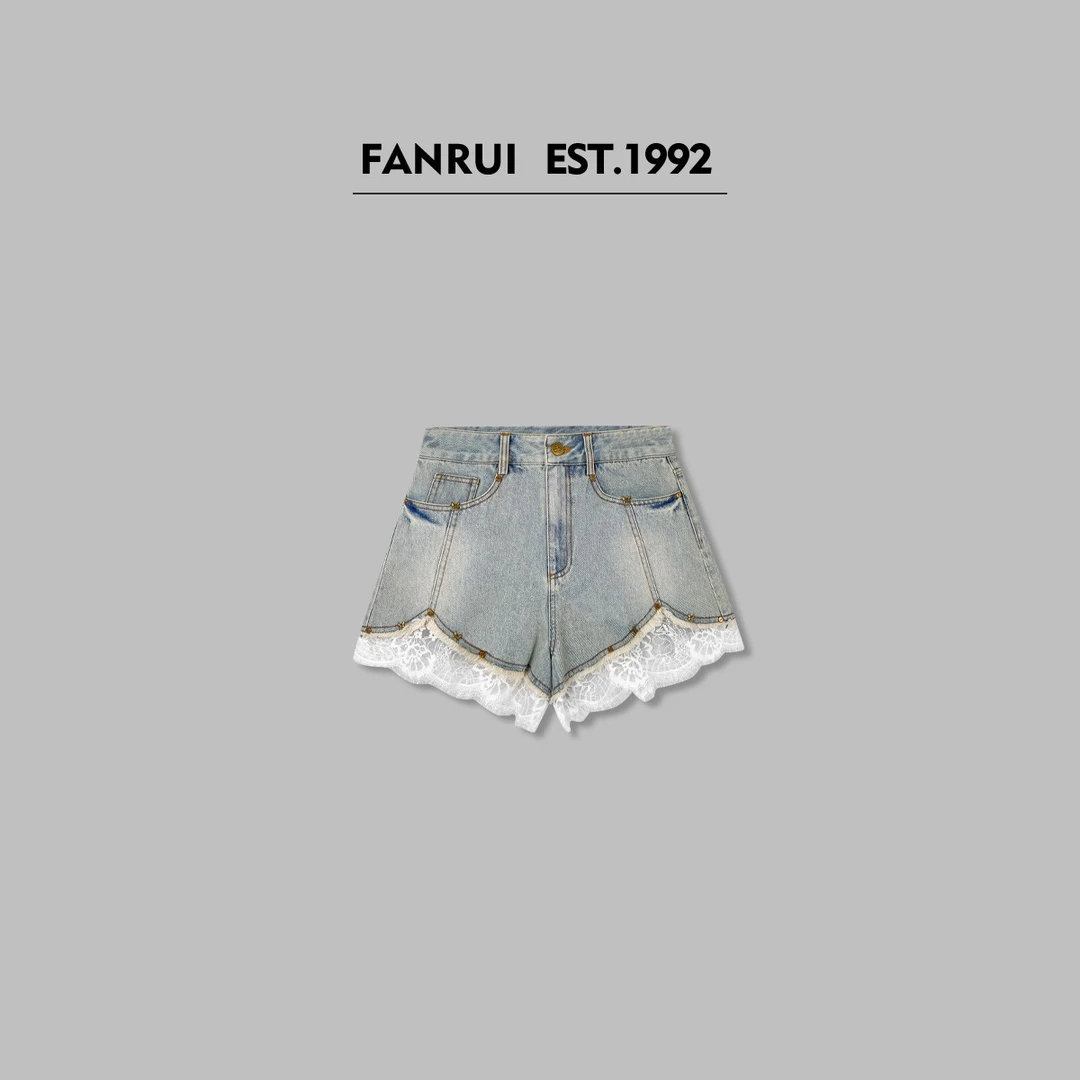 FANRUI/泛芮「南坪晚风」水洗棉蕾丝拼接设计感夏季牛仔短裤B15782