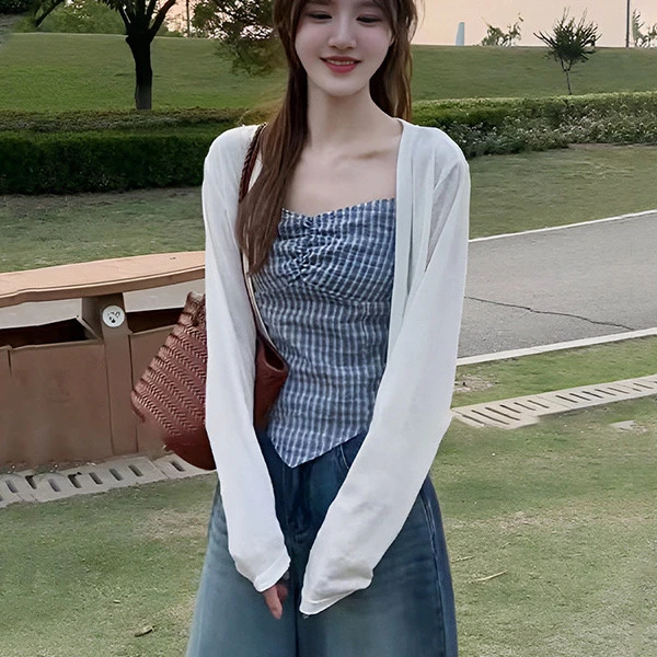 2025超火两件套夏装撞色格子吊带背心冰丝长袖外搭罩衫两件套