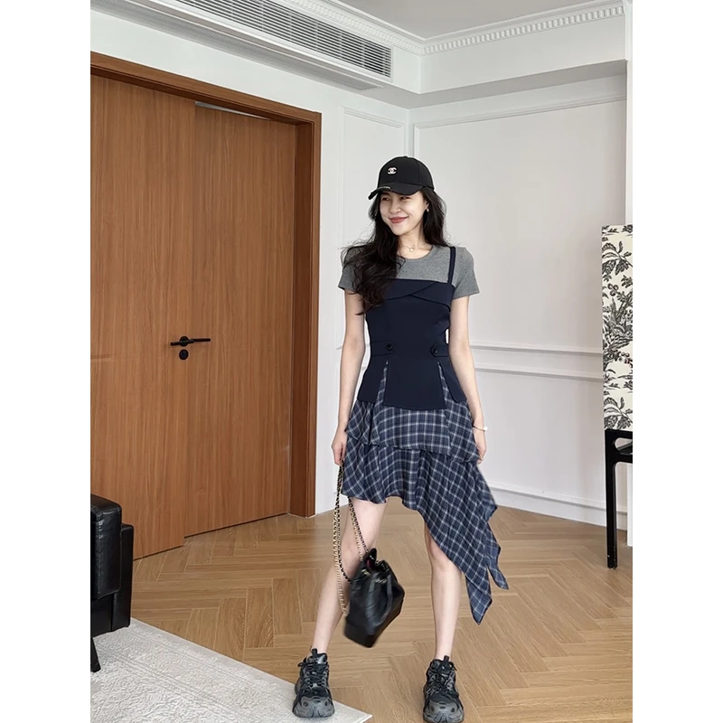 张阿星【清爽西海岸】美式潮酷格子不规则拼接收腰修身假两件连衣裙