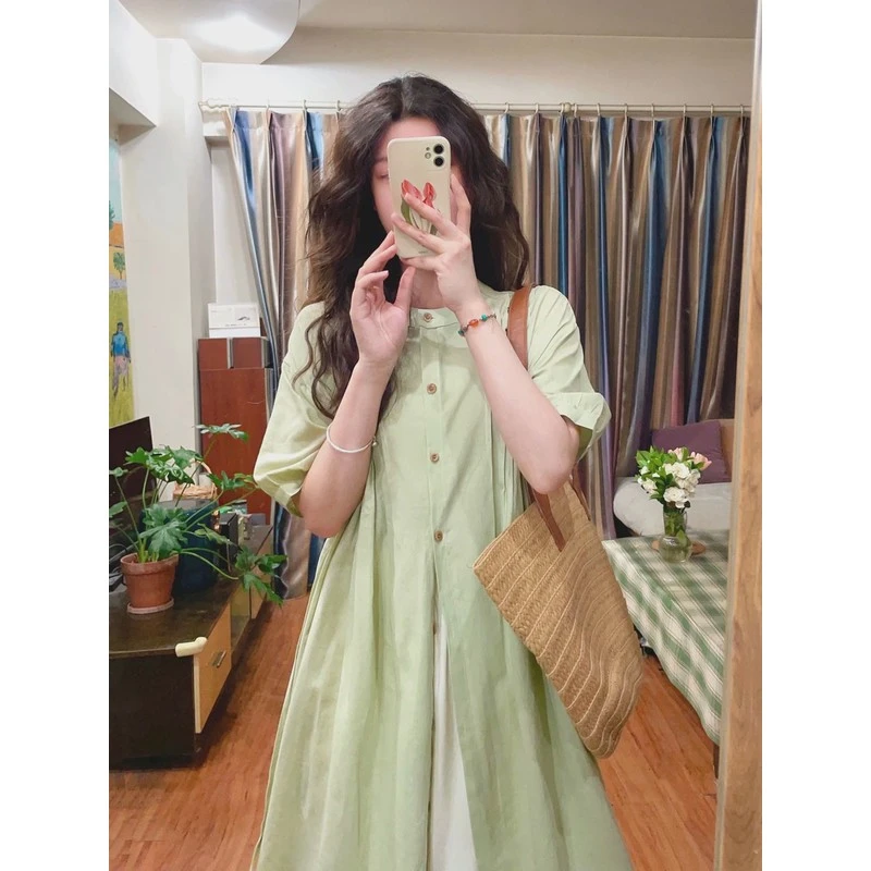 今年流行两件套装裙女夏季茶系绿色衬衫连衣裙内搭半身长裙两件套