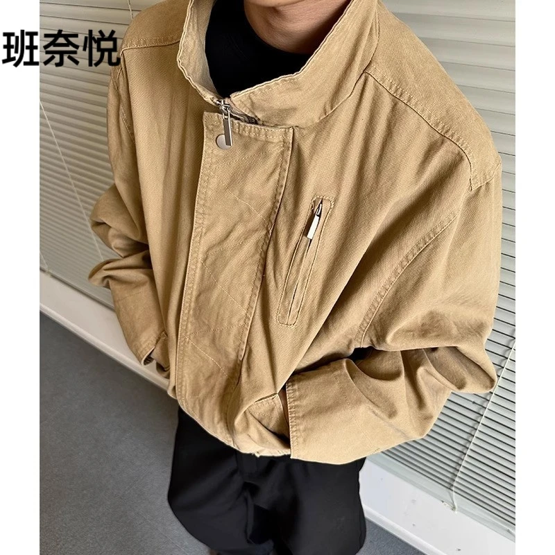 班奈悦美式潮牌立领短款夹克男春秋新款街头感巴恩风工装情侣外套