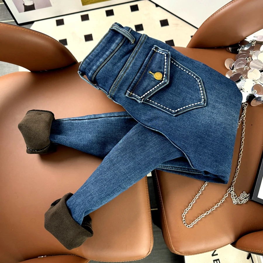 高品质提臀高腰收腹深蓝色加厚牛仔裤女冬季保暖加绒弹力小脚靴裤