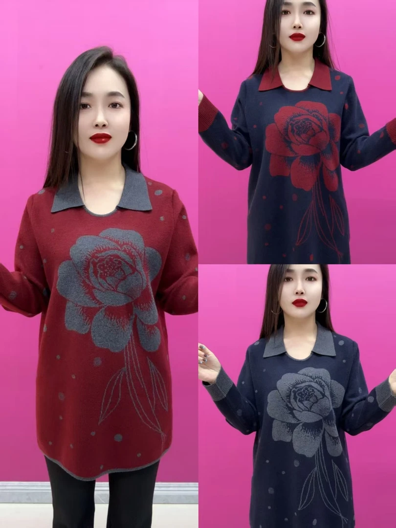 8811翻领圆点中长款针织衫