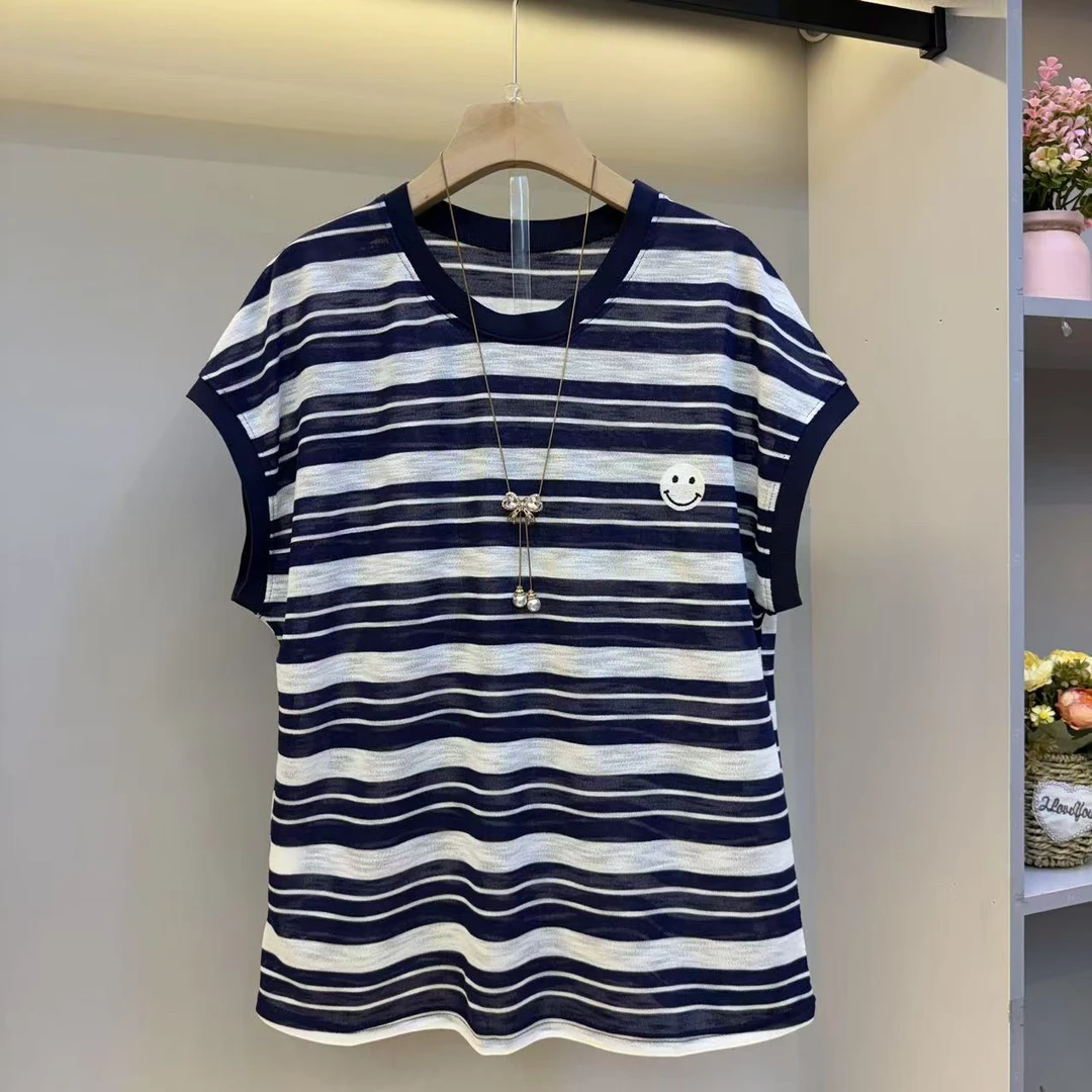 欧货大码女装时尚条纹文艺冰丝短袖夏季欧货刺绣笑脸宽松显瘦上衣