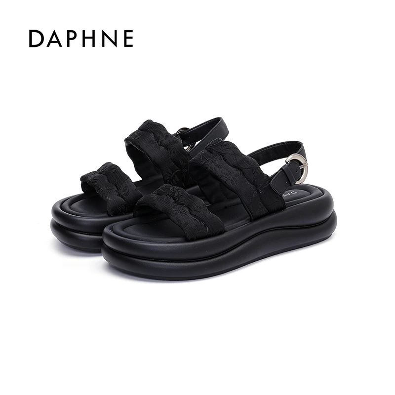 达芙妮国风刺绣厚底凉鞋女2025夏季新款时尚百搭松糕底舒适凉鞋