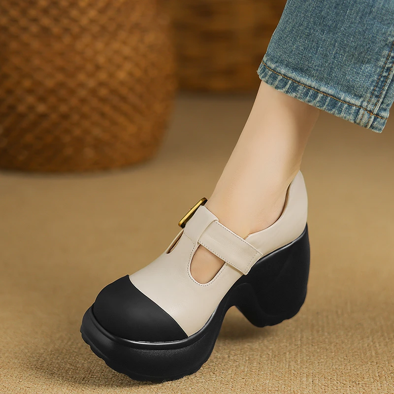 拼色圆头小香风女士皮鞋春秋10cm坡跟厚底单鞋真牛皮高跟鞋不累脚