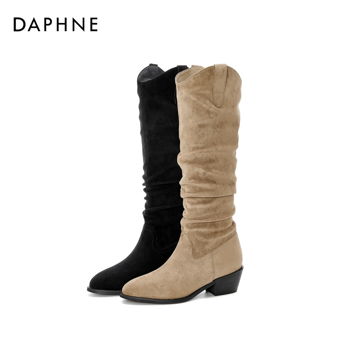 达芙妮爆款长筒靴女2025年新款秋冬季显瘦增高复古百搭褶皱瘦瘦靴