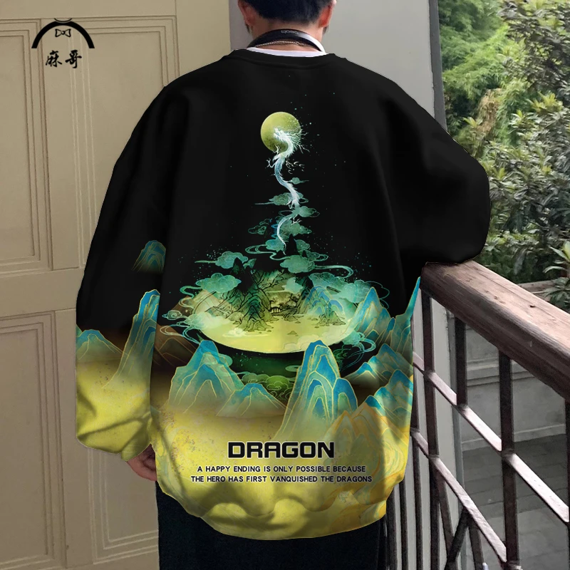 2025新款卫衣外套男ins国潮龙印花圆领长袖T恤oversize青少年上衣