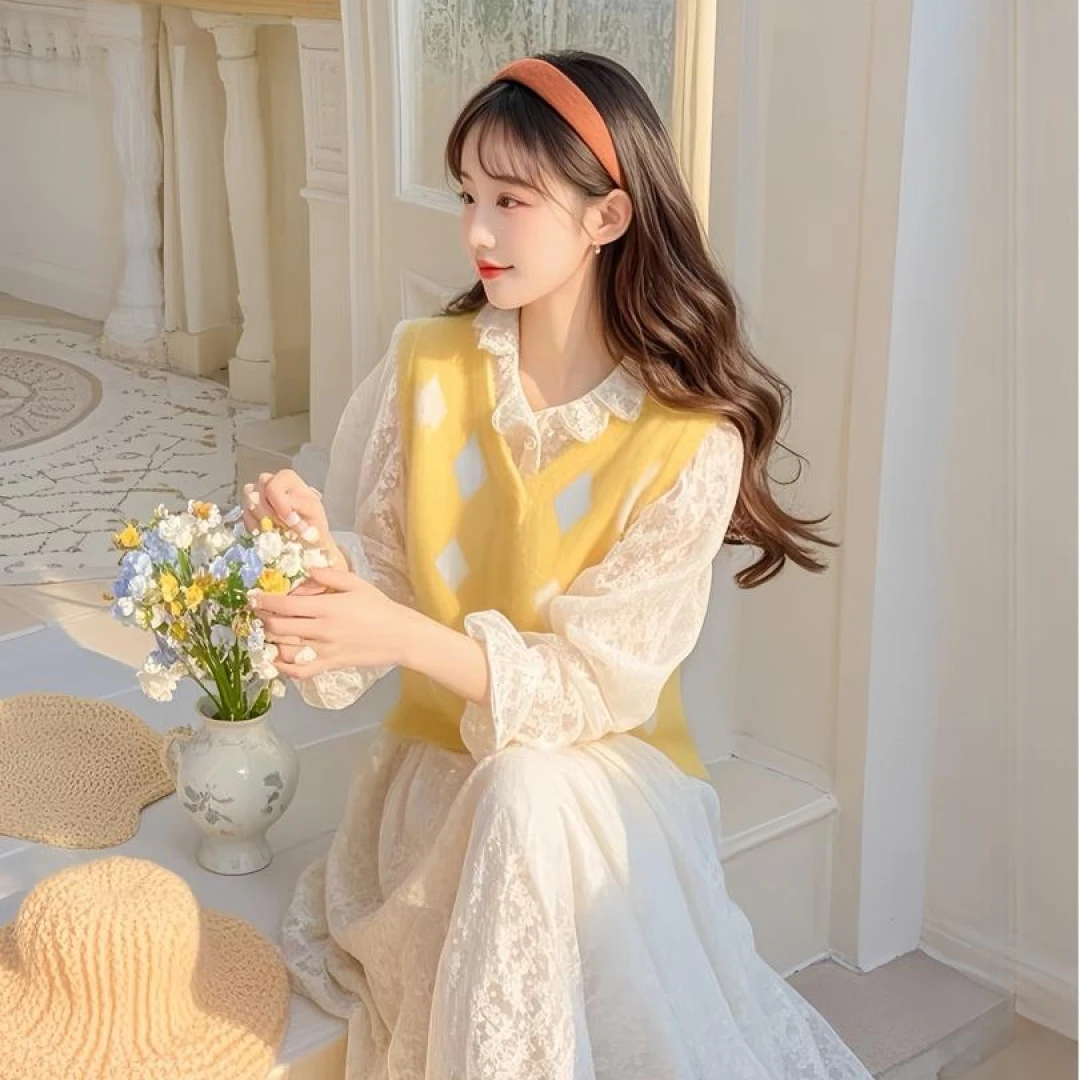 法式超仙连衣裙套装女春季新款甜美温柔风叠穿马甲蕾丝长裙两件套