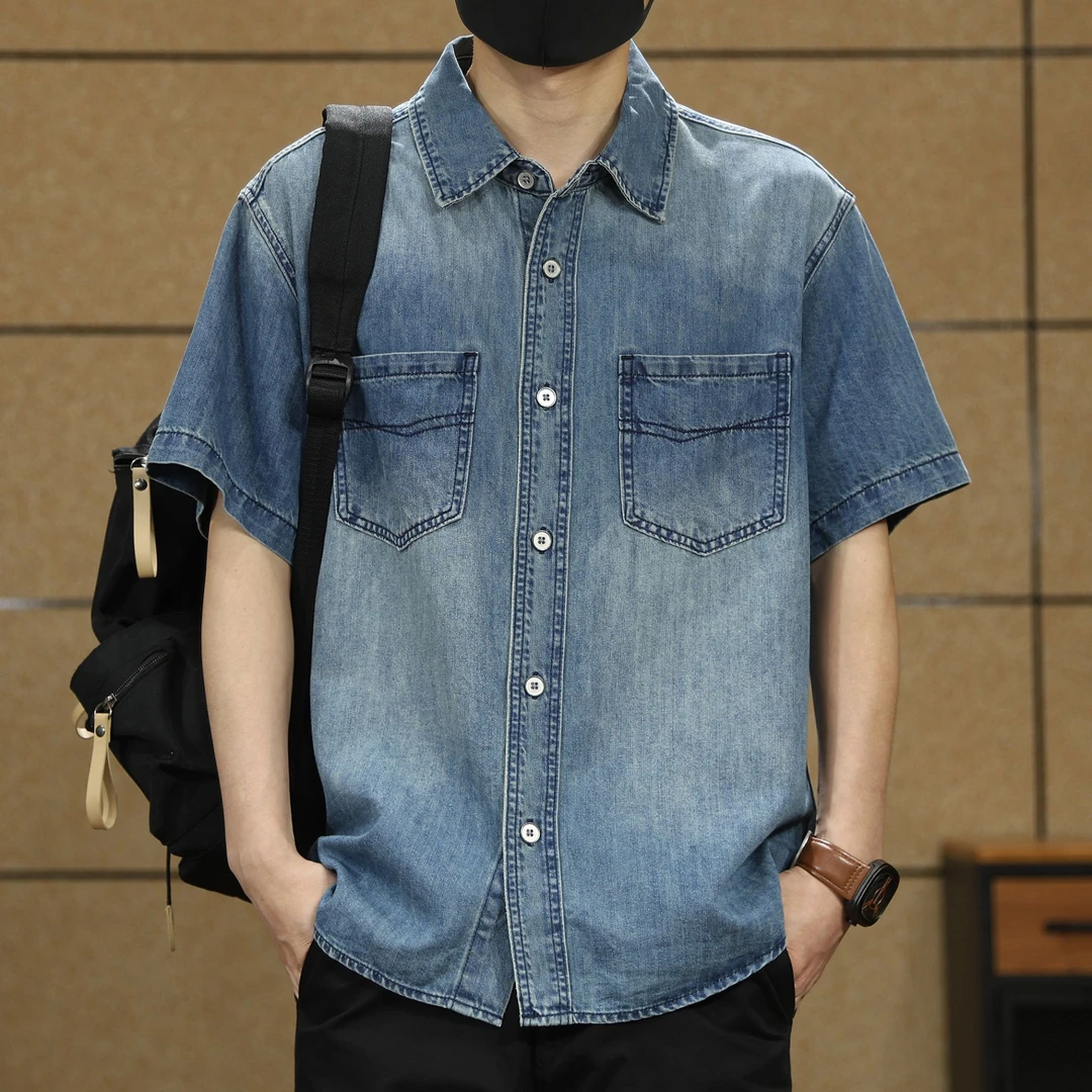 高端莱赛尔天丝牛仔衬衫男夏季美式复古宽松男士短袖衬衣薄款外套