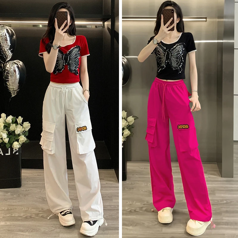 2025年夏季新款蝴蝶贴布T恤衫时尚工装裤宽松两件套跳舞时尚套装
